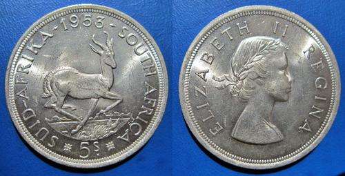 ## UNC 1953 South Africa Silver 5 Shiliings/Crown ##