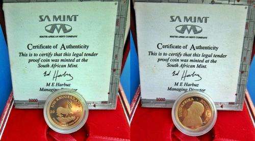 ## Proof 2000 SOuth Africa Gold 1/10th Kruger Rand in SAM Box with COA ##