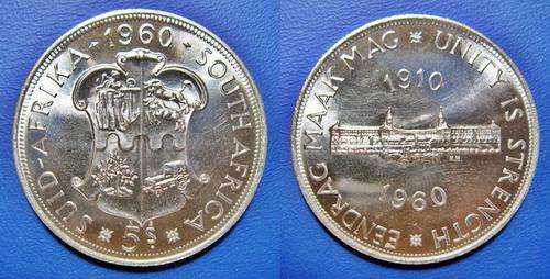 ## Proof Like/SS 1960 South Africa Silver 5 Shillings ##