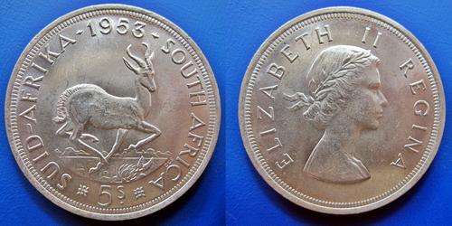 ## UNC 1953 South Africa Silver 5 Shillings ##
