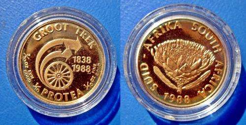 ## Proof 1988 Groot Trek 1/10th Ounce Gold in Capsule ##