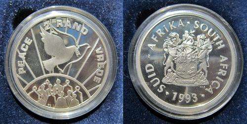 ## Proof 1993 South Africa Silver Peace R2 in Capsule in SAM Box ##
