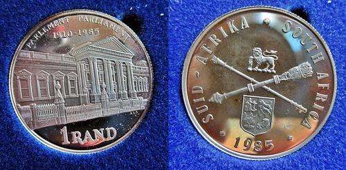 ## Proof 1985 South Africa Silver Parliament R1 in SAM Box ##