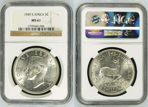 ## NGC Graded 1949 South Africa Silver 5 Shillings MS 61 ##