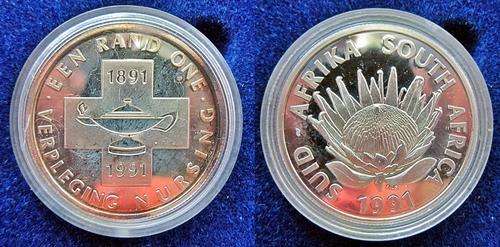 ## Proof 1991 South Africa Protea Silver Nursing R1 in Capsule in SAM Box ##