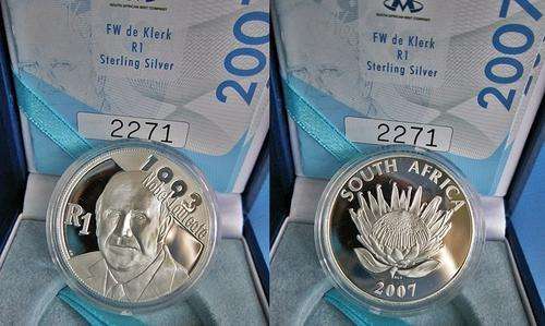 ## Proof 2007 South Africa Protea F.W. de Klerk Silver R1 in Capsule in SAM Box ##