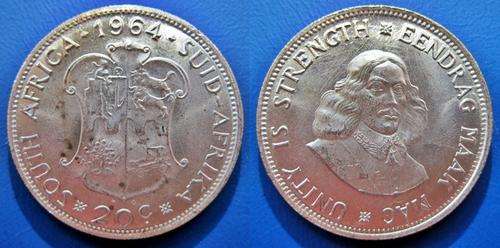 ## Beautiful 1964 South Africa Silver 20 Cent ##