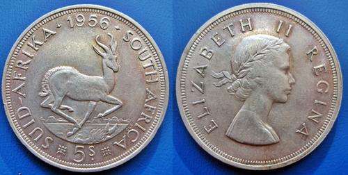## Beautiful 1956 South Africa Silver 5 Shillings ##
