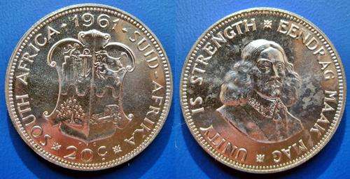 ## Proof 1961 South Africa Silver 20 Cent ##