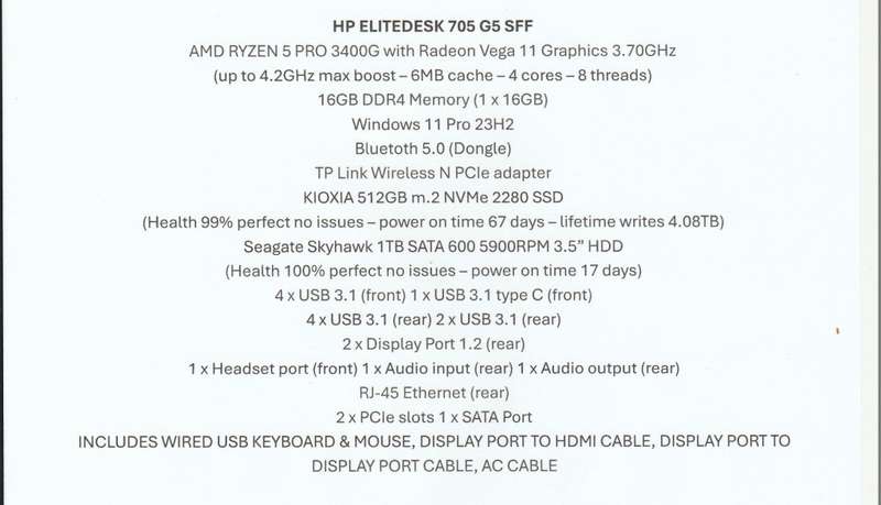 HP EliteDesk 705 G5 SFF AMD RYZEN 5 PRO 3400G 512GB m.2 NVMe 1TB 3.5` HDD 16GB DDR4 Win 11 Pro