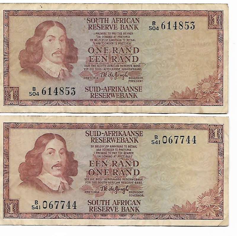 2 X 1975 R1 BANK NOTES - TW de JONGH (Third Issue Jan van Riebeeck Watermark)