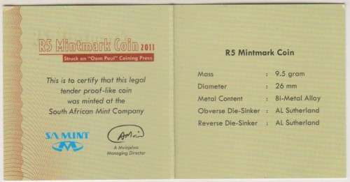 RARE ! - 2011 R5 SA MINT COIN WORLD "OOM PAUL PRESS MINT MARK" - BU LIMITED EDITION with COA