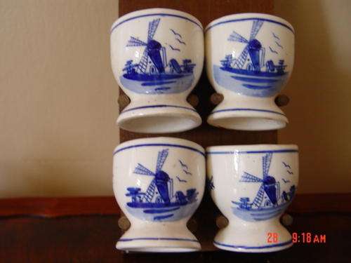 Delft Hand Painted Egg Cups x4 on Wooden Hanger