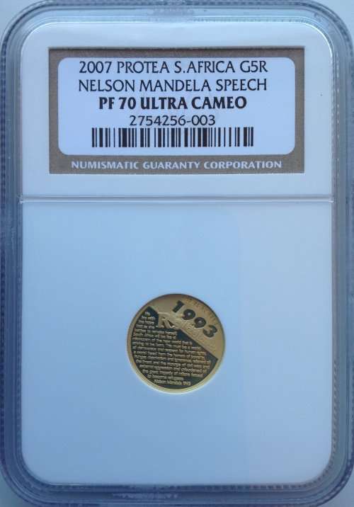 2007 PROTEA - GOLD R5 - NGC GRADED PF70 ULTRA CAMERO - NELSON MANDELA SPEECH