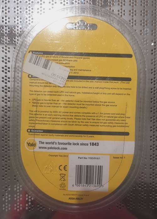 Brand NEW! SEALED! YALE GAS DETECTOR ALARM!!!! WORKS FOR BOTH LPG AND NATURAL GAS