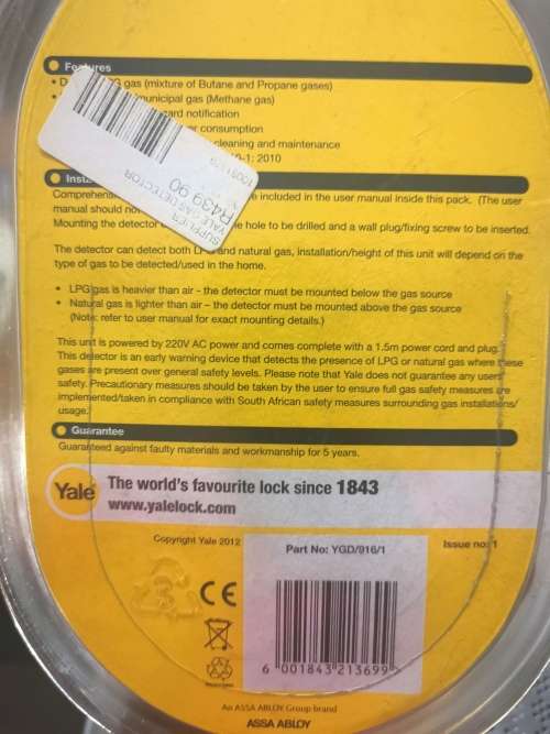 Brand NEW! SEALED! YALE GAS DETECTOR ALARM!!!! WORKS FOR BOTH LPG AND NATURAL GAS