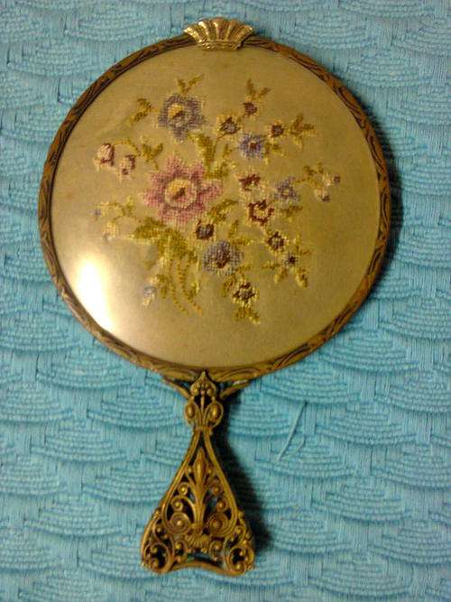 VERY OLD HAND MIRROR WITH METAL AND TAPESTRY DETAIL
