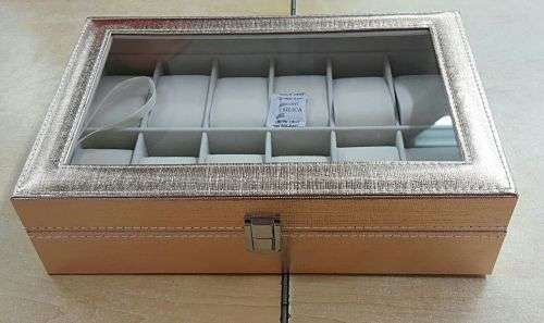 WATCH BOX / DISPLAY / CASE / STORAGE *12 SLOT/ BLOCK/ DIVISION* ROSE GOLD TEXTILE PU LEATHER