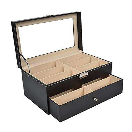 BLACK PU LEATHER 12 SLOT DOUBLE TIER EYE WEAR SUNGLASSES STORAGE DISPLAY / ORGANIZER BOX / CASE