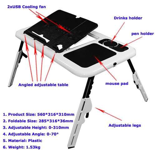 E-TABLE PORTABLE LAPTOP TABLE / COMPUTER / STUDY DESK WITH COOLING FAN