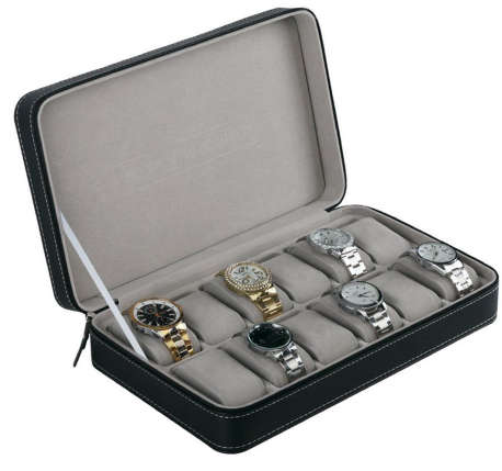 WATCH BOX DISPLAY CASE STORAGE ORGANISER 12 SLOT BLOCK LUXURY ZIPPERED TRAVELLERS BLACK PU LEATHER