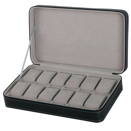 WATCH BOX DISPLAY CASE STORAGE ORGANISER 12 SLOT BLOCK LUXURY ZIPPERED TRAVELLERS BLACK PU LEATHER
