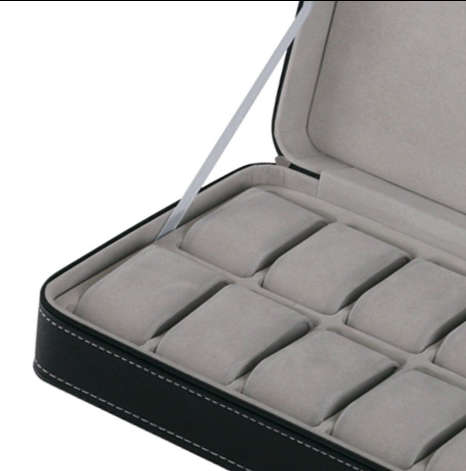 WATCH BOX DISPLAY CASE STORAGE ORGANISER 12 SLOT BLOCK LUXURY ZIPPERED TRAVELLERS BLACK PU LEATHER