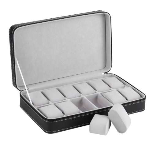 WATCH BOX DISPLAY CASE STORAGE ORGANISER 12 SLOT BLOCK LUXURY ZIPPERED TRAVELLERS BLACK PU LEATHER