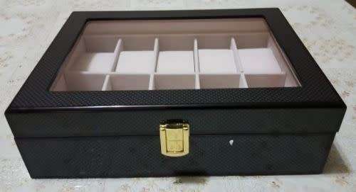 WATCH BOX / DISPLAY / CASE / STORAGE / ORGANISER 10 SLOT/ BLOCK/ DIVISION* REAL SOLID WOOD CARBON