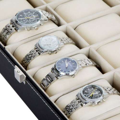 WATCH BOX / DISPLAY / CASE / STORAGE *12 SLOT/ BLOCK/ DIVISION* DYNAMITE BLACK SMOOTH PU LEATHER
