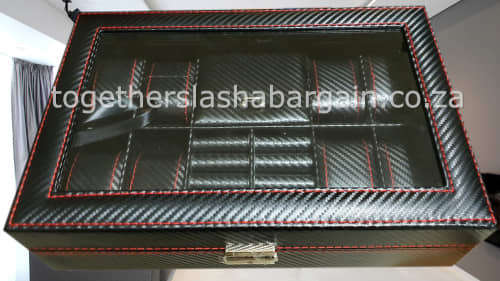 WATCH BOX DISPLAY CASE STORAGE ORGANISER 8 SLOT CARBON FIBER RED STICHED JEWELRY BOX
