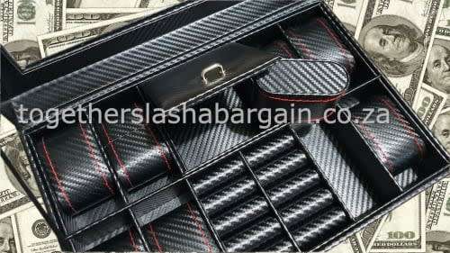 WATCH BOX DISPLAY CASE STORAGE ORGANISER 8 SLOT CARBON FIBER RED STICHED JEWELRY BOX