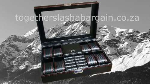 WATCH BOX DISPLAY CASE STORAGE ORGANISER 8 SLOT CARBON FIBER RED STICHED JEWELRY BOX