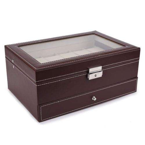 WATCH BOX DISPLAY CASE STORAGE ORGANISER 12 SLOT DIVISION SMOOTH PU LEATHER DOUBLE TIER JEWELRY BOX