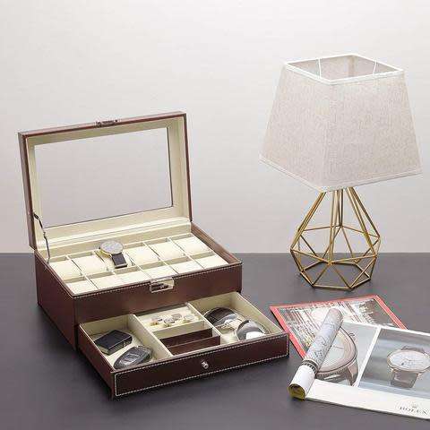 WATCH BOX DISPLAY CASE STORAGE ORGANISER 12 SLOT DIVISION SMOOTH PU LEATHER DOUBLE TIER JEWELRY BOX