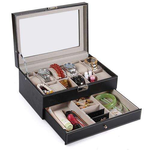 WATCH BOX DISPLAY CASE STORAGE ORGANISER 12 SLOT DIVISION SMOOTH PU LEATHER DOUBLE TIER JEWELRY BOX