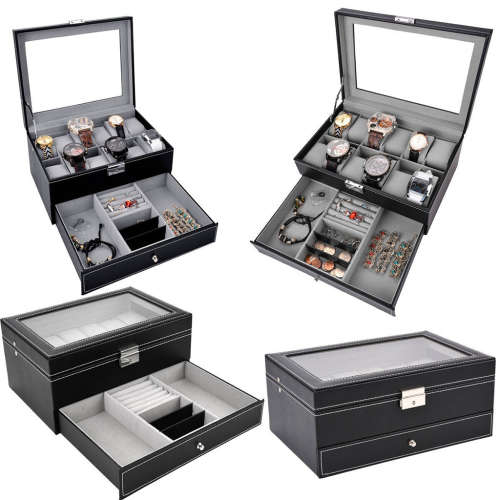 WATCH BOX DISPLAY CASE STORAGE ORGANISER 12 SLOT DIVISION SMOOTH PU LEATHER DOUBLE TIER JEWELRY BOX