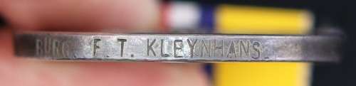 ABO medal to Burger F.T. Kleynhans of the Frankfort Commando  EF