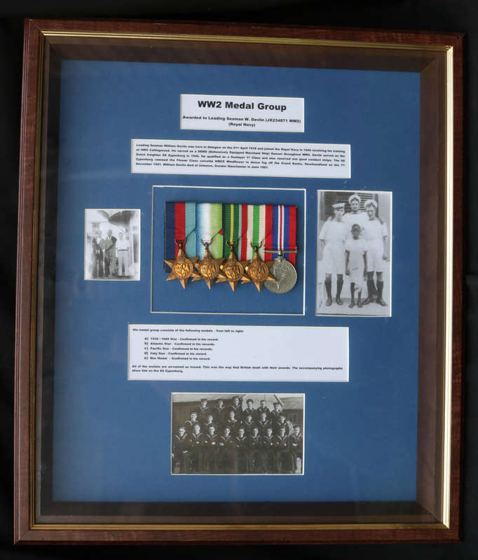 Framed group of five WWII medals JX234871 Leading Seaman W Devlin Royal Navy EF