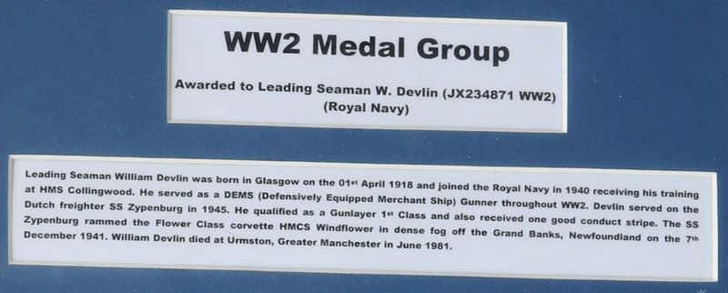 Framed group of five WWII medals JX234871 Leading Seaman W Devlin Royal Navy EF