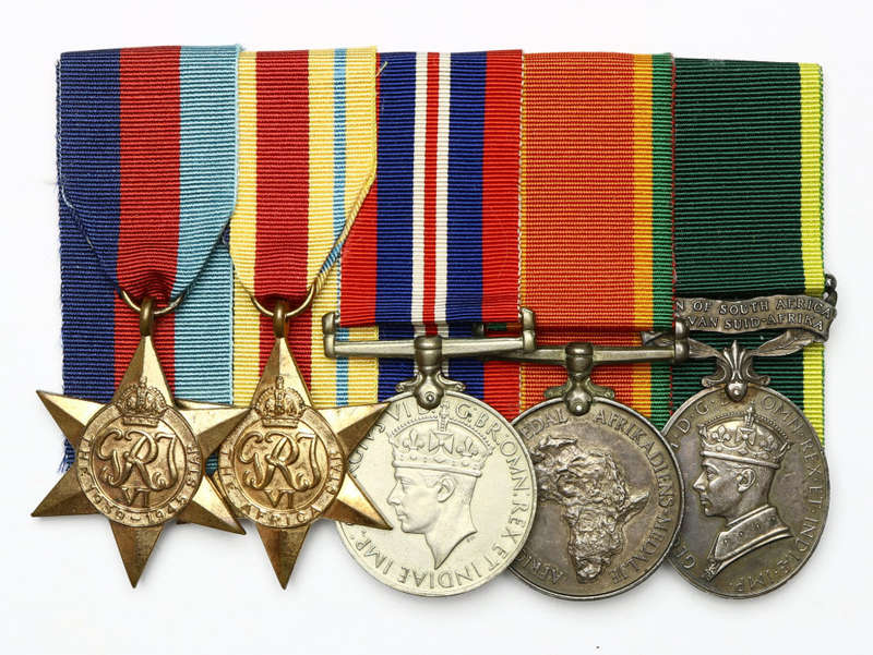 Group of five medals: 1939-45 Star, Africa Star, WM, ASM, EM (Union of S.A.)  EF