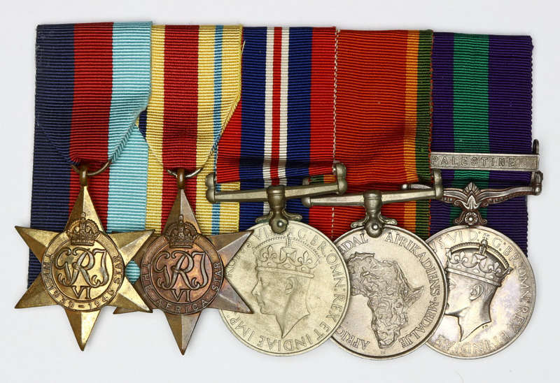 Group of five medals: 1939-45 Star, Africa Star, WM, ASM, GSM (1918-62) bar: Palestine EF