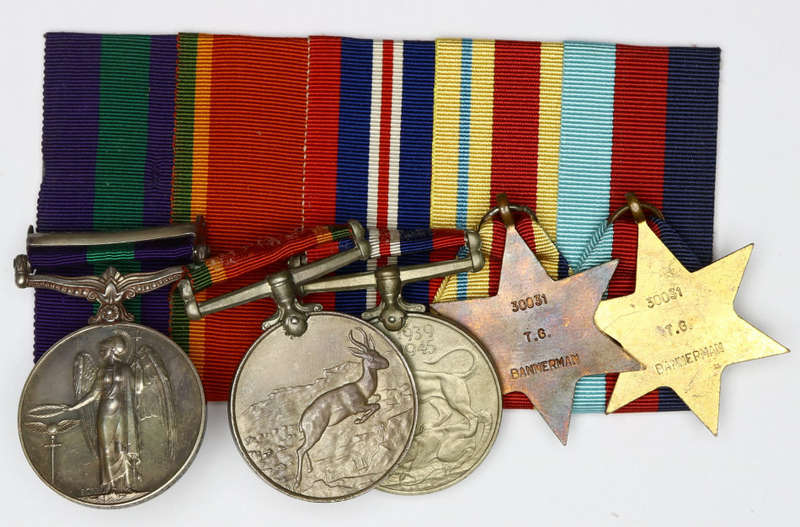Group of five medals: 1939-45 Star, Africa Star, WM, ASM, GSM (1918-62) bar: Palestine EF
