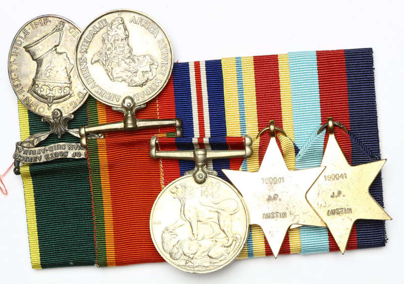 Group of five: 1939-45 Star, Africa Star, WM, ASM, EM WO2 J.P. Austin S.A.E.C. EF