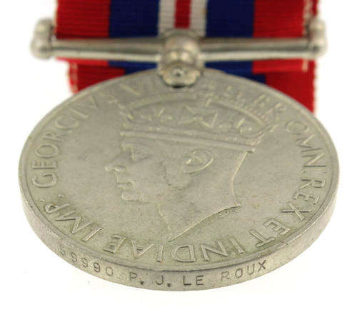 War Medal 1939 - 1945 awarded to a South African named WWII