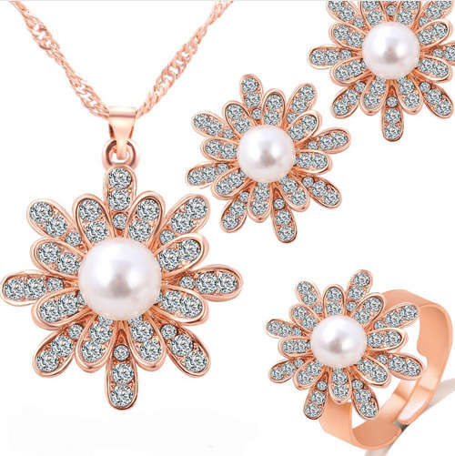 YELLOW GOLD PLATED WITH SIMULATED DIAMOND NECKLACE, EARRING AND RING SET
