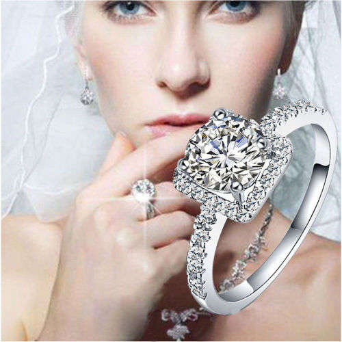 Square Inlay White Round Topaz 925 Silver Engargment Ring 7-9