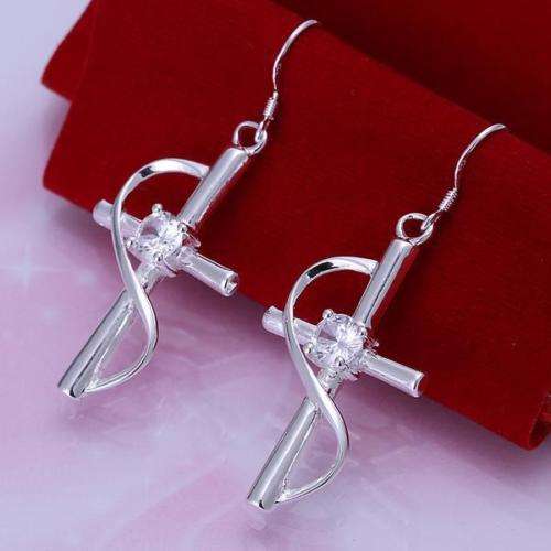 New 925 Stamped Sterling Silver Cross Zircon Twisted Drop Earrings