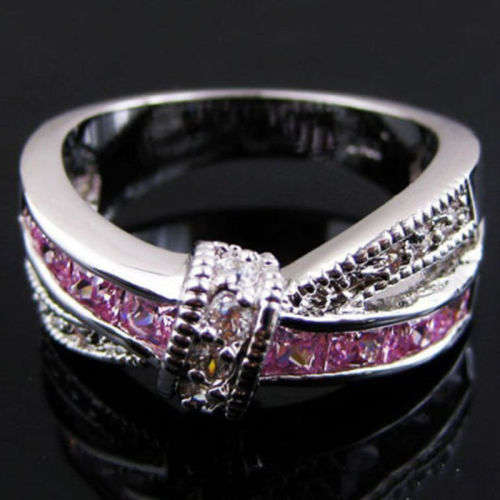 Stunning Purple Amethyst 18K White Gold Filled Cross Ring - Size 7