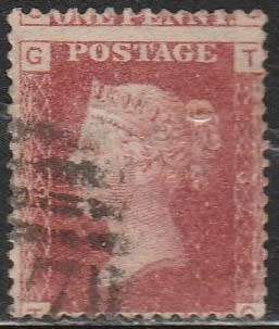 Great Britain 1d Red Plate number 87? Lettered TG Misperfed as scan